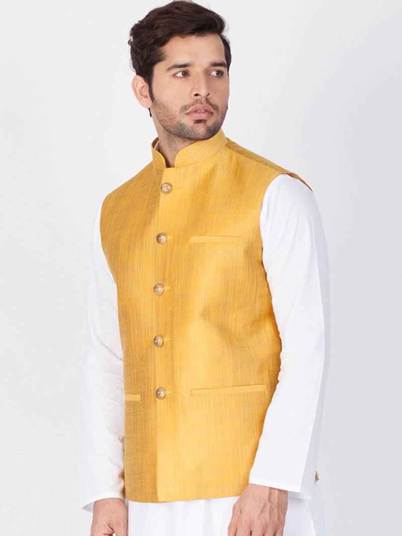 Men's Yellow 
Cotton Blend
 Solid
 Nehru Jackets